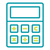 A calculator with blue and yellow symbols