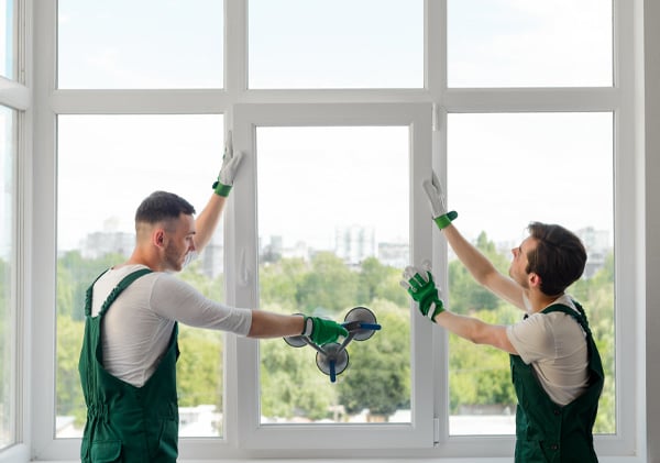 Workers installing a window