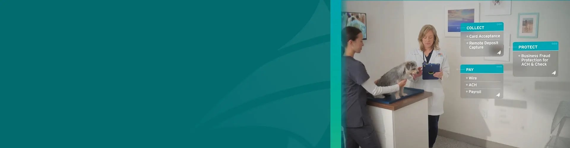 A veterinarian and assistant in an office with a dog. The veterinarian is using a tablet to review Seacoast Business Bundle options for their business.