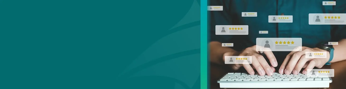 A person typing on a keyboard leaving reviews